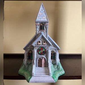 EUC Partylite Christmas Old World Church #2 Teal lite candle